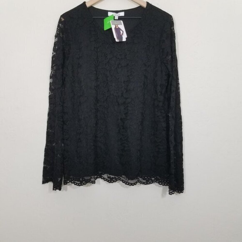 NWT Ellen Tracy Lace Long Sleeve Top Blouse Black Size L